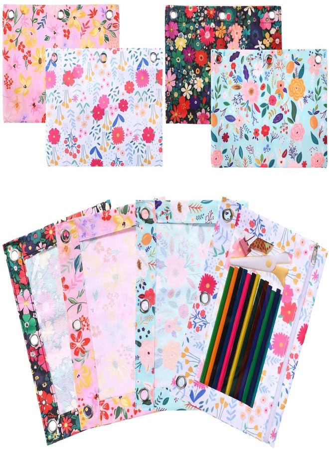Janlaugh 4 Pack Pencil Pouch for 3 Ring Binder Bulk Flowers Binder Pencil Pouch with Zipper 3-Holes Pouches Durable Clear Zipper Top Bag for Classroom Teacher Office Supplies - Image 1